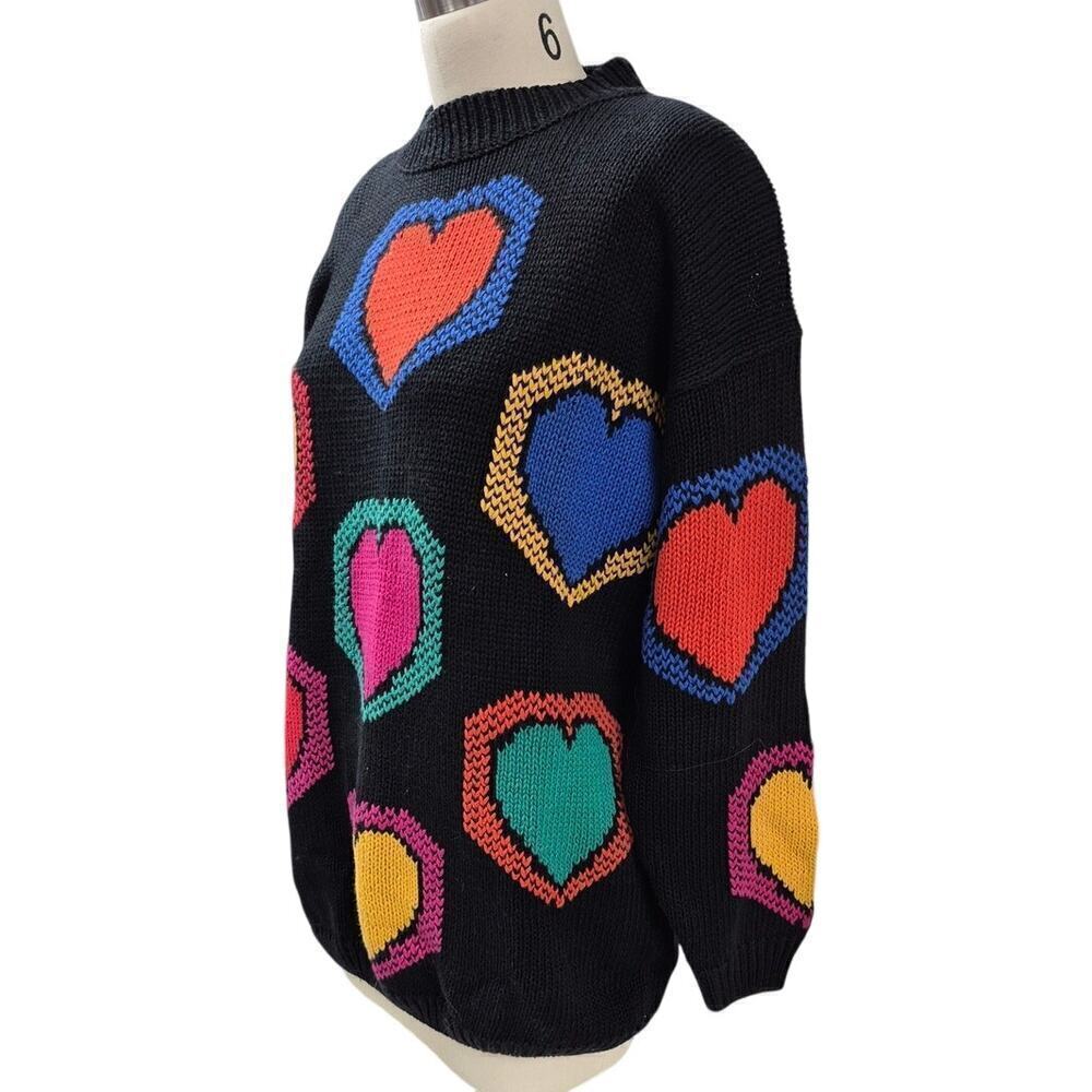 90s Y2K Marnie West Ramie/Cotton Black Sweater Colorful Intarsia Hearts Women M - Picture 2 of 4